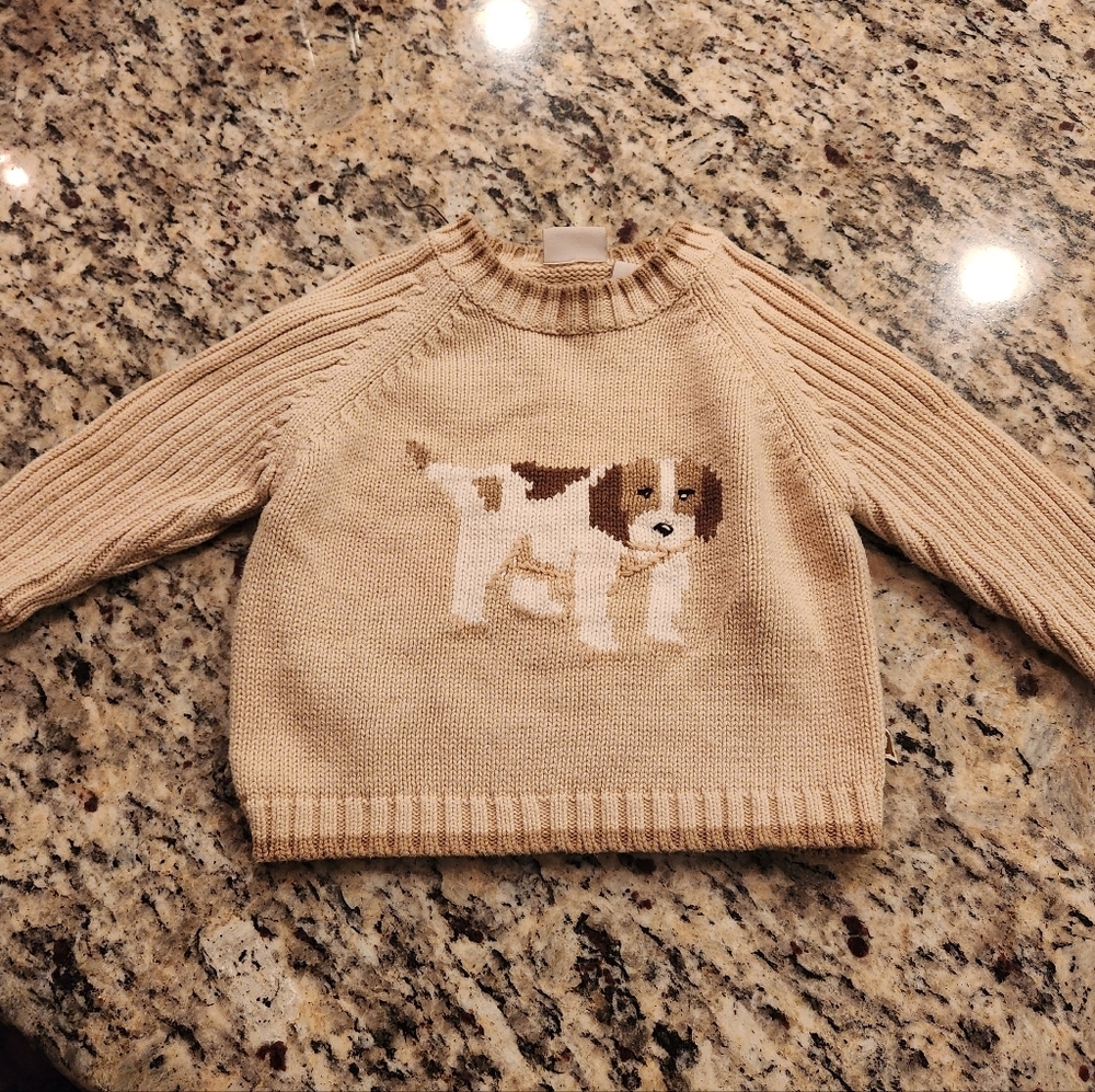 Harry & Me Tan Knit Puppy Dog Sweater - 12 Months - Cotton Raglan Sleeve